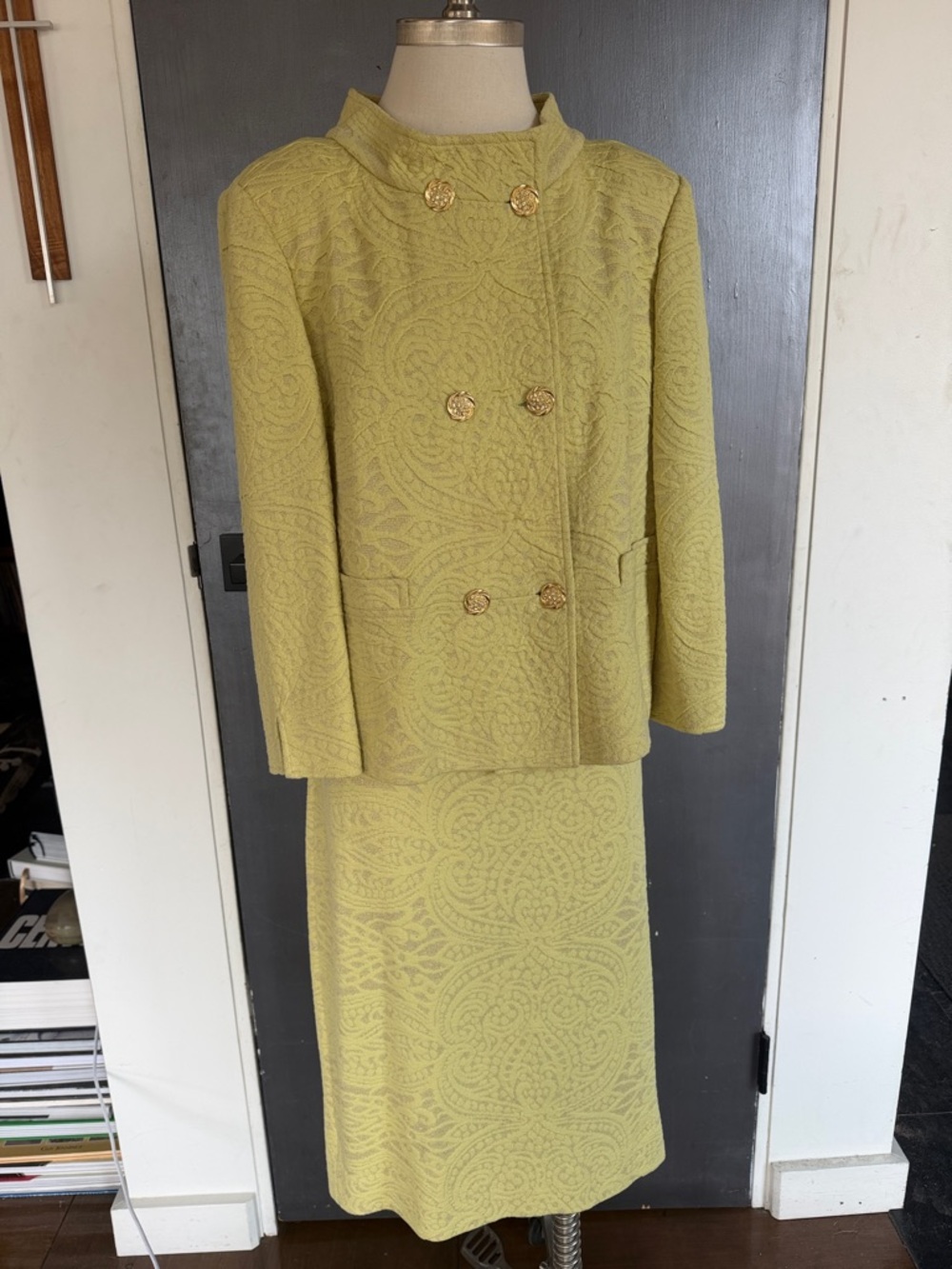 St. John textured Two-Piece Skirt Suit in Chartreuse with Gold Buttons